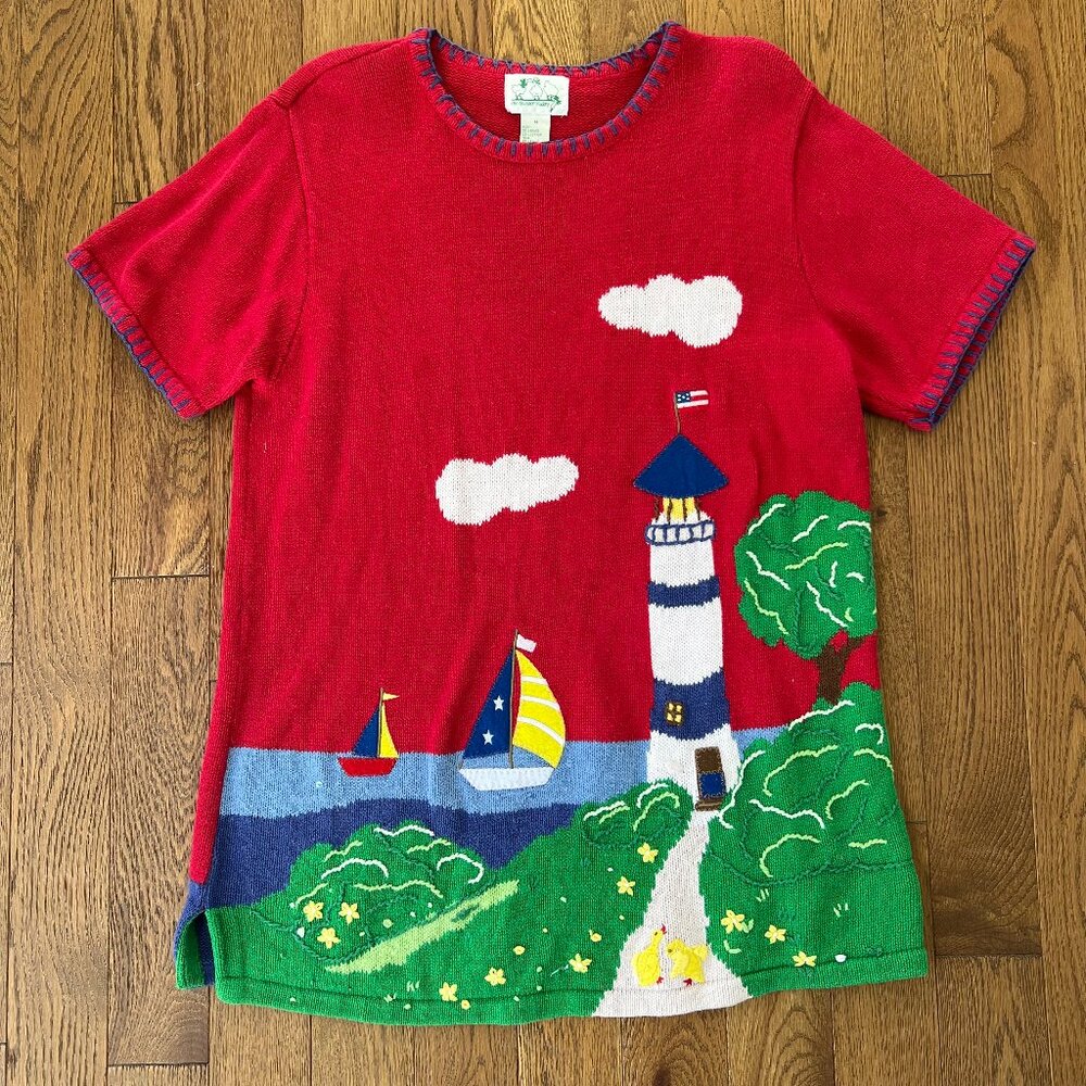 Vintage Quacker Factory Nautical Lighthouse‎ Knit Top Coastal Duck Shirt Dress M